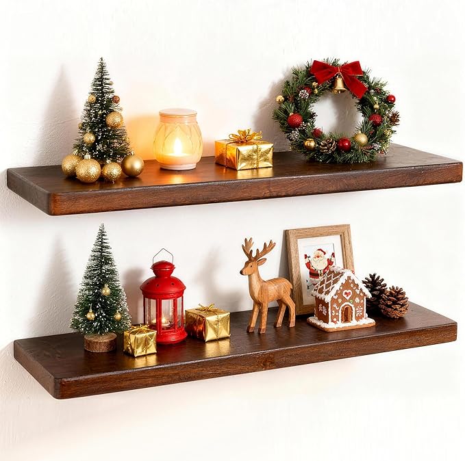 24" Rustic Walnut Wood Floating Shelves, 8 Inch Deep Wall Shelves for Home Decor, Wall Mounted Floating Shelf with Invisible Bracket, Heavy-Duty Storagefor Living Room, Bedroom, Kitchen, Set of 2