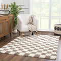 Hauteloom Atira Contemporary Checkered Fluffy Shag Area Rug - Modern Geometric Carpet Tiles for Living Room, Kids Room, Nursery - Plush Pile - Brown, Cream, White - 6'7" x 9'6"