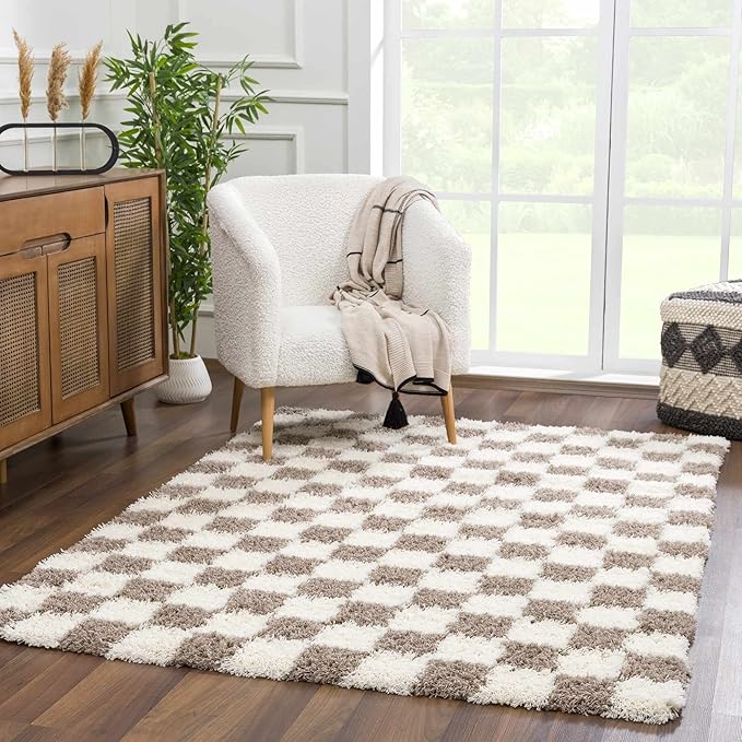 Hauteloom Atira Contemporary Checkered Fluffy Shag Area Rug - Modern Geometric Carpet Tiles for Living Room, Kids Room, Nursery - Plush Pile - Brown, Cream, White - 7'10" x 10'3"