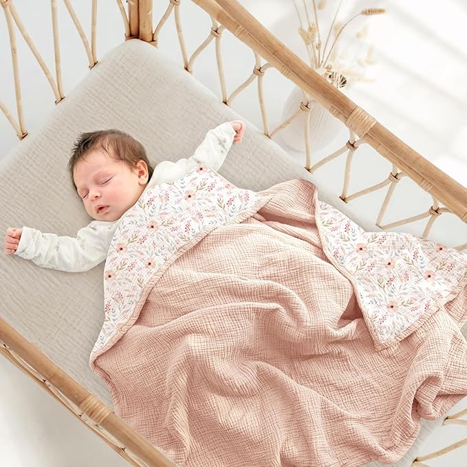 lulumoon Muslin Baby Blanket for Girls: Cotton Toddler Blanket for Crib - Soft Lightweight for Daycare & Nursery 47x47 Inches (Pink Flower)