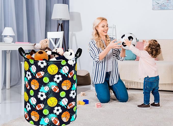 KUNRO Basketball Football Laundry Gift Basket Storage Hamper, Kids Toys and Clothes Storage Organizer Bins, Toy Shelf Basket with Handles for Room Decor (Sport-Balls)