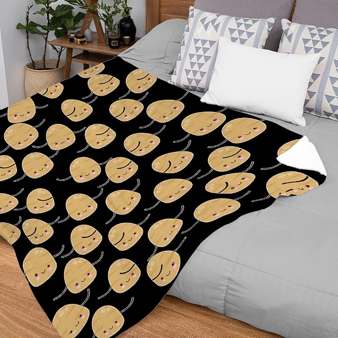 Thuswarm Cute Potato Kawaii Black Flannel Blanket Warm Cozy Soft Funny Print Throw for Bed Couch Sofa 120”×90” Extra Large for Family