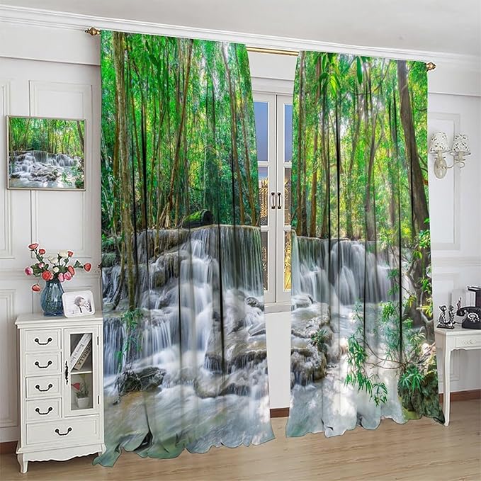 Forest Waterfall Blackout Curtains, Scene Nature Theme Mountain Stream Scenery Print Window Drapes, for Bedroom Living Room 63" W X 72" L