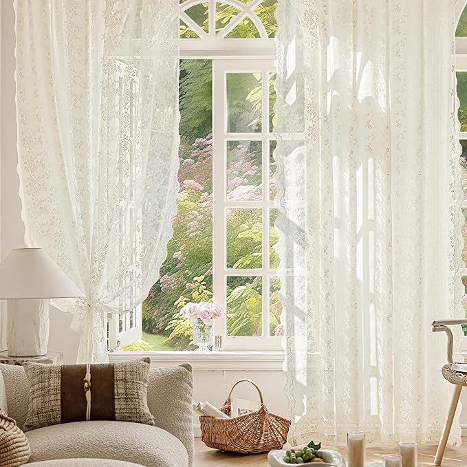 Anmao Vintage Lace Curtains 63 Inches Long 2 Panels Set, Romantic Elegant Light Filtering Semi Sheer Floral Thick Lacy Curtain Drapes for Living Room and Bedroom, Each Panel 55W x 63L, Ivory
