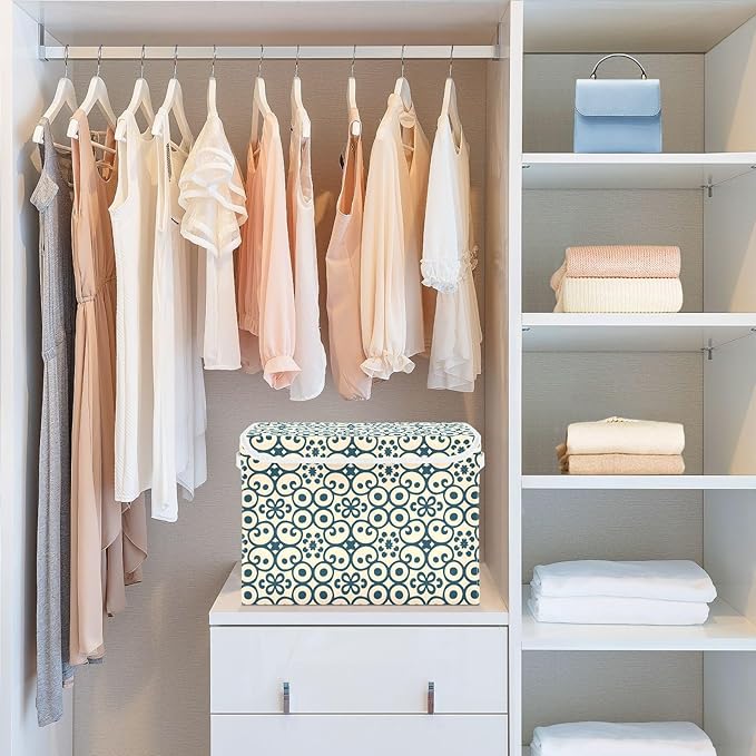 senya Large Storage Bins with Linen Collapsible Foldable Storage Cubes Fabric Closet Organizer Containers box with Flip-Top Lid for Home Bedroom Office 16.7 x 12.6 x 11.8in (Abstract Ornament)