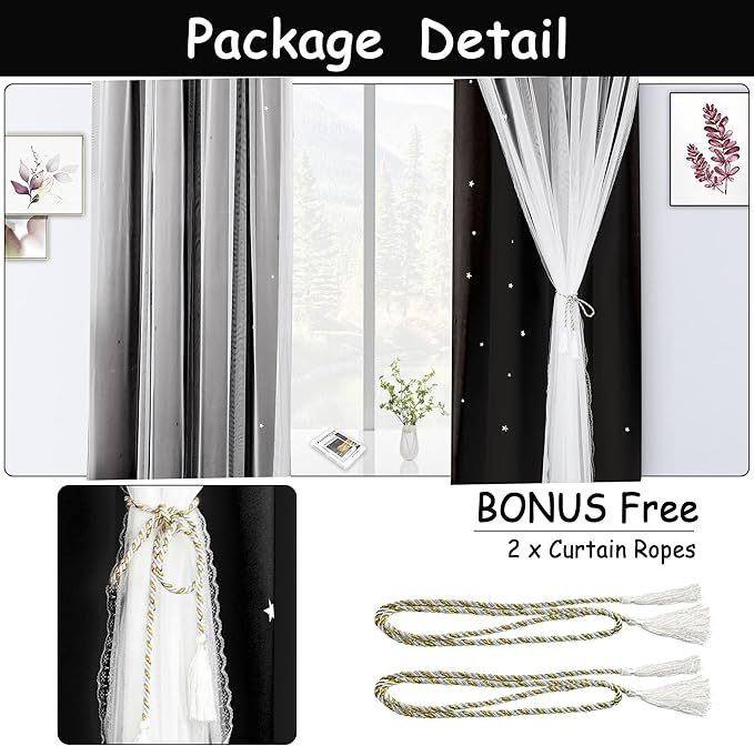 Kinryb Black Star Cutout Blackout Curtains Double Layer Curtains with Durable Sheer Curtains for Bedroom Thermal Insulated Window Treatment Set with 2 Free Tiebacks (52W x 72L 2 Panels Black)