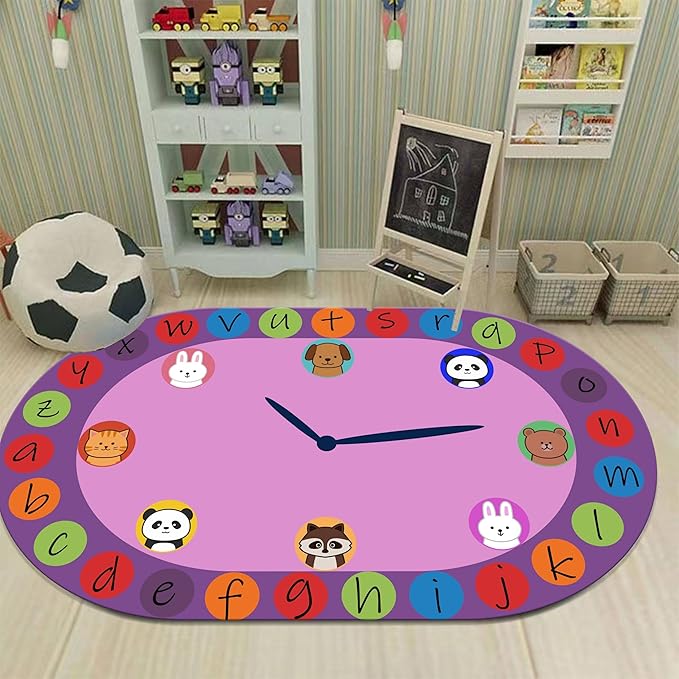 Children's Area Rugs, 3x5ft, Alphabet Animal Early Learning Oval Rug, Cartoon Animal Pointer Print Playmat, Non-Slip Washable Purple Floor Carpet for Kids Room Classroom Nursery