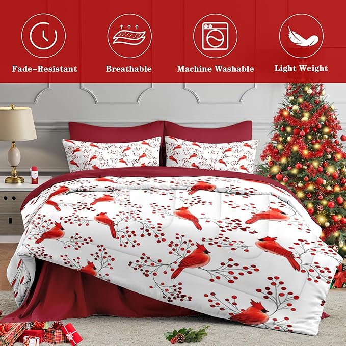 7 Pcs Queen Size Christmas Comforter Set with 2 Pillowcases & 2 Shams, Winter Cardinal Bird Bedding for Kids and Adults, Berries Branches Bed in a Bag with Flat Fitted Sheet