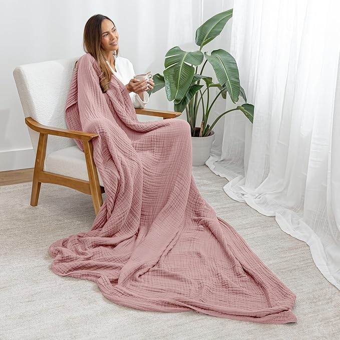 Comfy Cubs Muslin Blanket for Adults Twin 90" x 66" - 6 Layer Soft, Breathable & Lightweight Muslin Adult Blanket - Machine Washable & Designed in The US Bedding for All Seasons - Mauve