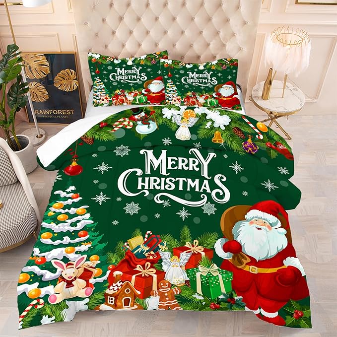 Green Christmas Comforter Queen: Merry Xmas Santa Claus Bedding Set Queen Size for Teens Adults Kids Pine Tree Gifts Gingerbread Quilt Bed Set 1 Comforter & 2 Pillowcases
