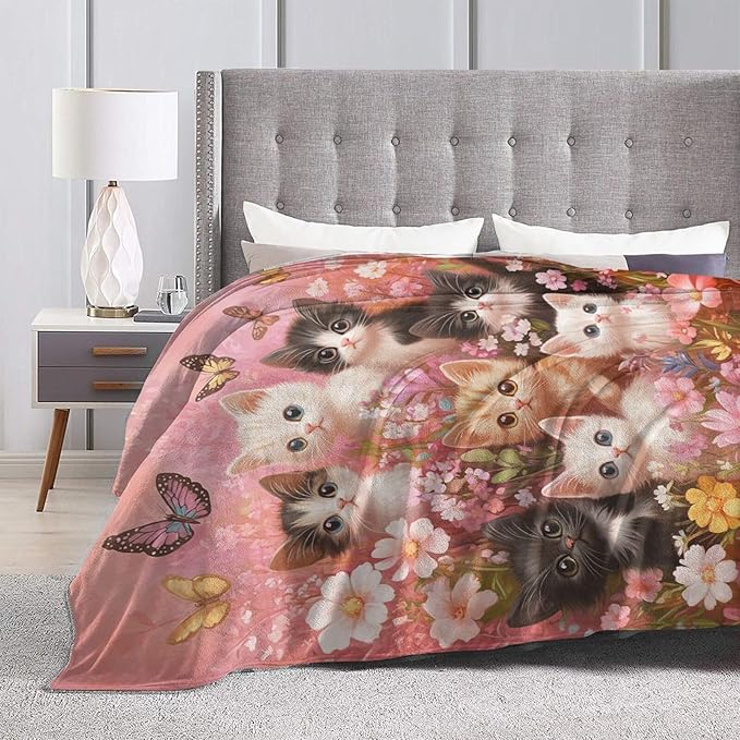 Pink Cat Themed Blanket Funny Cats Throws Pet Animal Print Plush Fuzzy Fleece Blankets Gifts for Girls Boys Lovers Super Soft Warm Cozy Butterfly Flower Stuff for Kids Women Bed Sofa Bedding 50"x40"