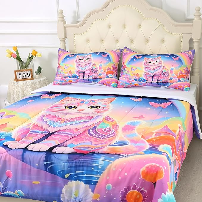 Cat Comforter Set Full: Rainbow Exotic Cat Bedding Set Kawaii Colorful Kitten Quilts Pet Feline Flowers Castle Bed Sets for Teens Girls Kids Women 1 Comforter & 2 Pillowcases