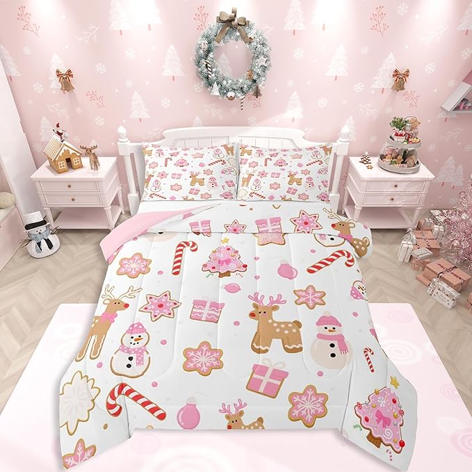 Feelyou Pink Christmas Comforter Set Toddler Size Snowman Deer Bedding Set for Kids Boys Girls Snowflake Duvet Quilt Bedroom Decor Microfiber 2 Pcs with 1 Pillow Cases