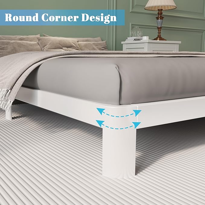 King Size Bed Frame 4 Inch White, Metal King Bed Frame with Baffles, No Box Spring Needed, Heavy Duty Steel Platform Support, Rounded Corner Legs, Noise Free, Easy Assembly