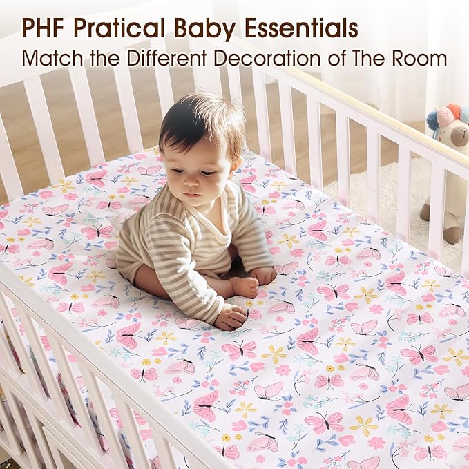 PHF 3 Pack Soft Butterfly Crib Sheets Fitted, Comfy Breathable Baby Sheets for Girls, 28x52 Inches Fits Standard Crib and Toddler Mattresses, Butterfly