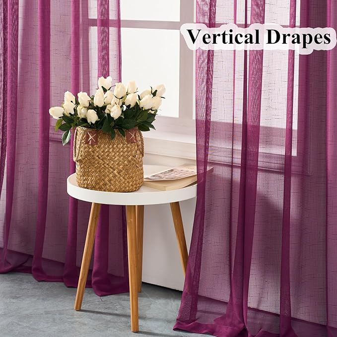 Plum Purple Curtains Sheer 84 Inches Long, Dark Linen Look Textured Light Filtering Drapes Decor, Rustic Eggplant Transparent Window Treatments, Pinch Pleat Curtain with Hooks