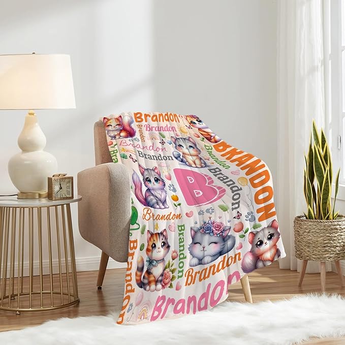 Personalized Custom Cat Blanket Gifts for Kids Boys Girls with Name - Customized Cat Super Soft Lightweight Flannel Sheets Decor for Crib Nap Couch - 60"x80" for Adult