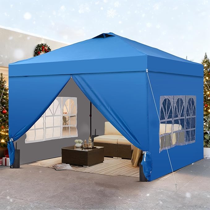 GDY 12x12 Pop Up Canopy Tent with 4 Sidewalls, Easy Set up with One Push Lift Outdoor Silver Coated Beach Gazebos, Carpas for Pool, Events, Parties, and Camping, Blue.