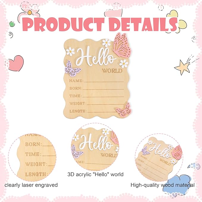 Butterfly Daisy Hello Worid Board - Little Butterfly Birth Announcement Sign, Wooden Hello World Card for Hospitals, Newborn Birth Information Record Board, Daisy Nursery Decorations Photo Props