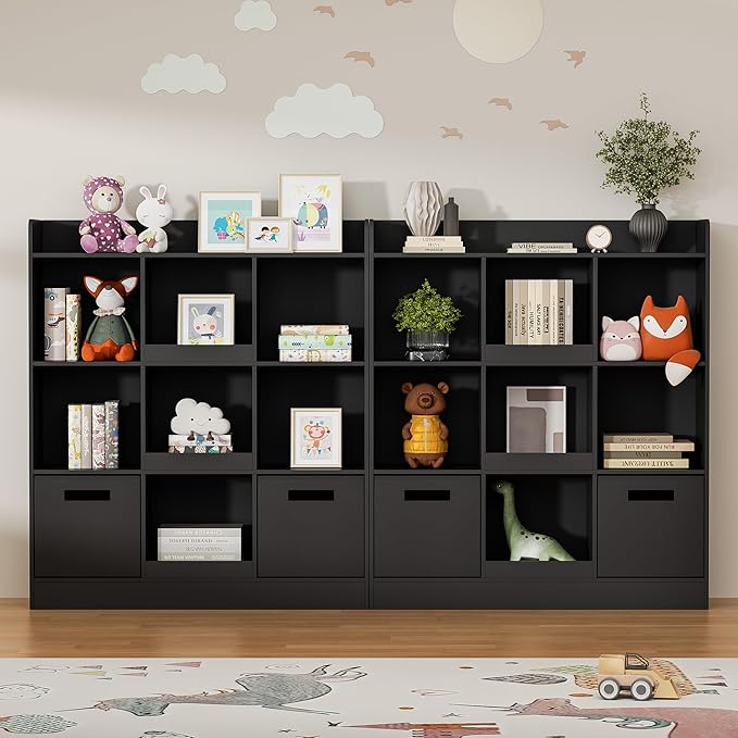 Kids Bookshelf with 9 Cube, Toy Storage Organizer with 2 Fabric Drawers, 3-Tier Freestanding Wooden Open Shelf Bookshelf, Modern Kids Display Bookcase for Bedroom, Living Room, Office, Black