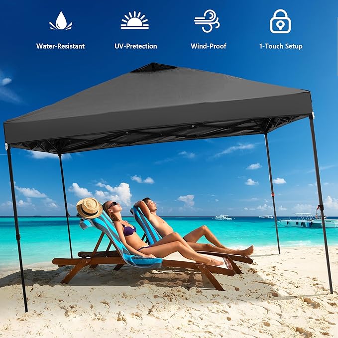 GDY 10x10 Pop Up Canopy Tent with 4 Sidewalls, Easy Set up with One Push Lift Outdoor Silver Coated Beach Gazebos, Carpas with 4 Sandbags, for Pool, Events, Parties, and Camping, Black.