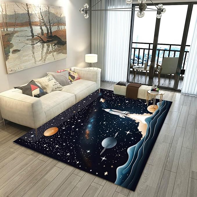 Space Rug for Kids Room Black Rocket Rugs for Boys Bedroom Stars Galaxy Carpet Planet Printed Throw Rugs for Teens Living Room,39 in x 79 in