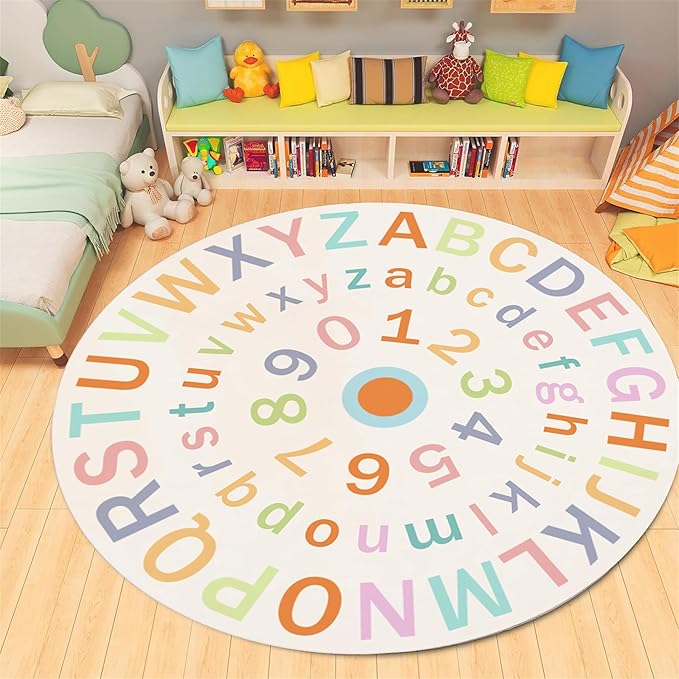 Children's Round Colorful ABC Rug,4ft,Soft Fluffy Alphabet Educational Rug, Non-Slip Washable Children's Crawling Game Rug Carpet for Boys Girls Bedroom Playroom Nursery Decoration