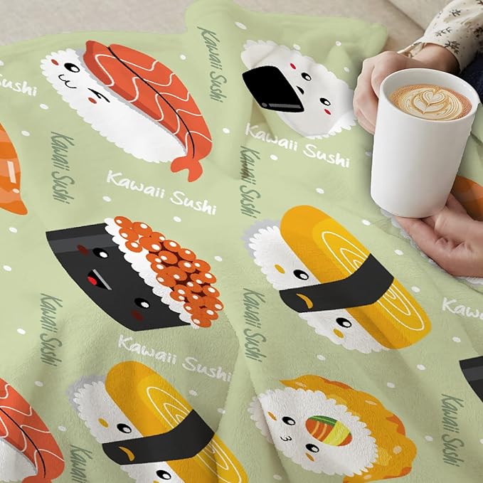 Thuswarm Cute Sushi Kawaii Flannel Throw Blanket Warm Cozy Soft Cartoon Food Print Blankets for Bed Couch Sofa Room Decoration Gifts 120”×90” Extra Large for Family