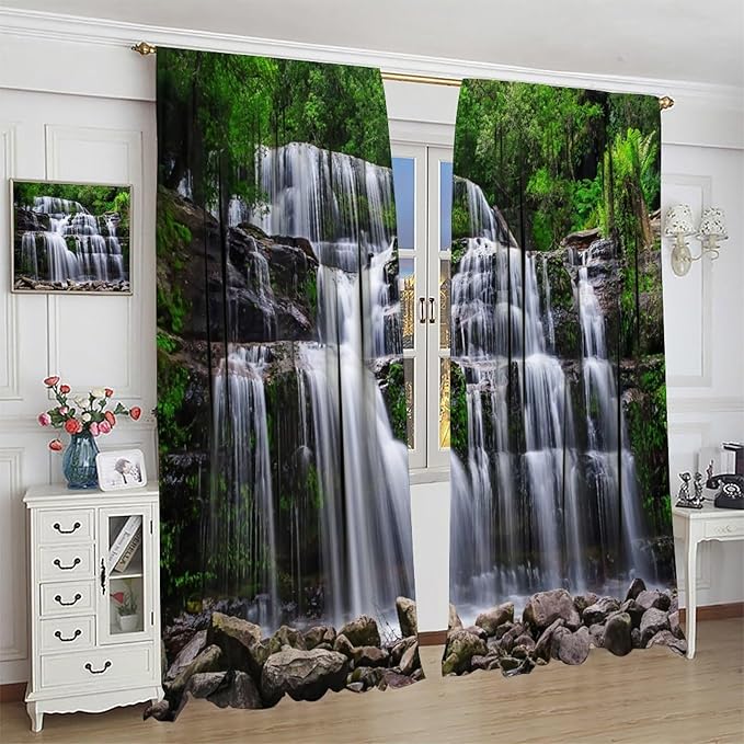 Natural Scenery Blackout Curtains, Spring Rustic Forest Waterfall River Landscape Window Drapes, for Bedroom Living Room 72" W X 63" L