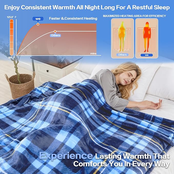 Electric Blanket Heated Twin, Soft Flannel 62"x84" Plaid Heating Blanket with 8 Hours Auto Off 10 Fast Heating Levels Machine Washable Sherpa Heated Blanket with Overheating Protection