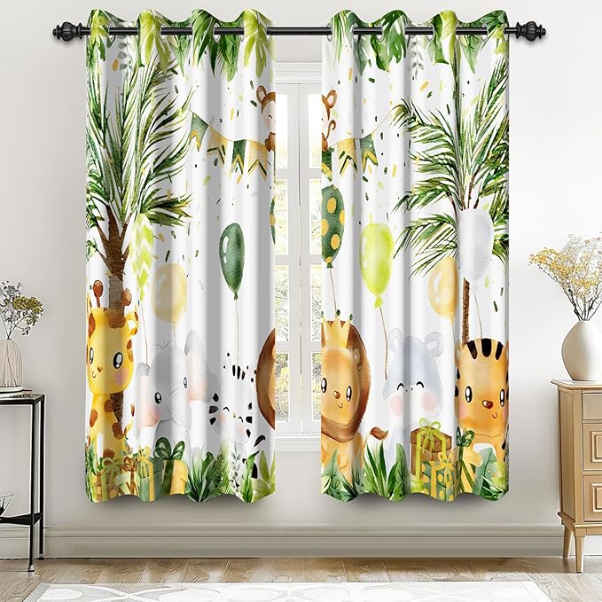 Renaiss 26 x 63 Inch Rainforest Safari Animal Curtains African Jungle Tropical Lions Tigers Elephants Giraffes Palm Trees Pattern Polyester Fabric Grommet Window Drapes for Nursery Bedroom 2 Panels