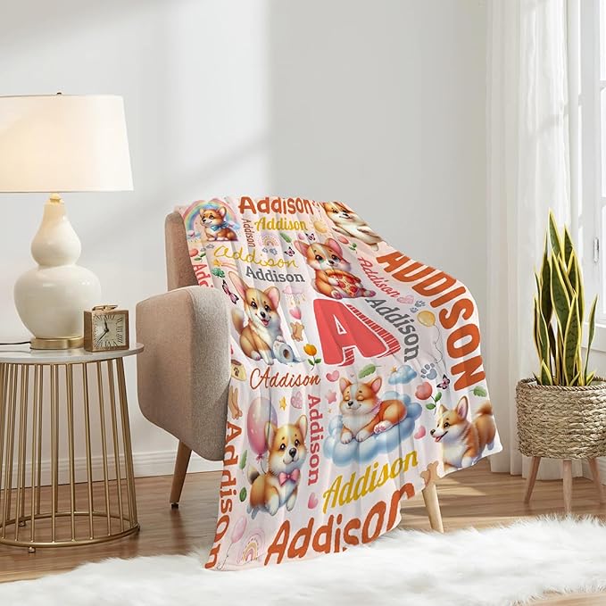Personalized Custom Corgi Dog Blanket Gifts for Kids Boys Girls with Name - Customized Corgi Dog Super Soft Lightweight Flannel Sheets Decor for Crib Nap Couch - 90"x120" for Whole Family
