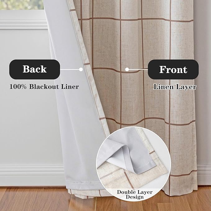 MYSKY HOME 100% Blackout Plaid Farmhouse Linen Curtains 54 Inch Long 2 Panels Set for Small Window Double Layer Windowpane Drapes Thermal Insulated Privacy Protection Rod Pocket Back Tab, 52"W, Brown