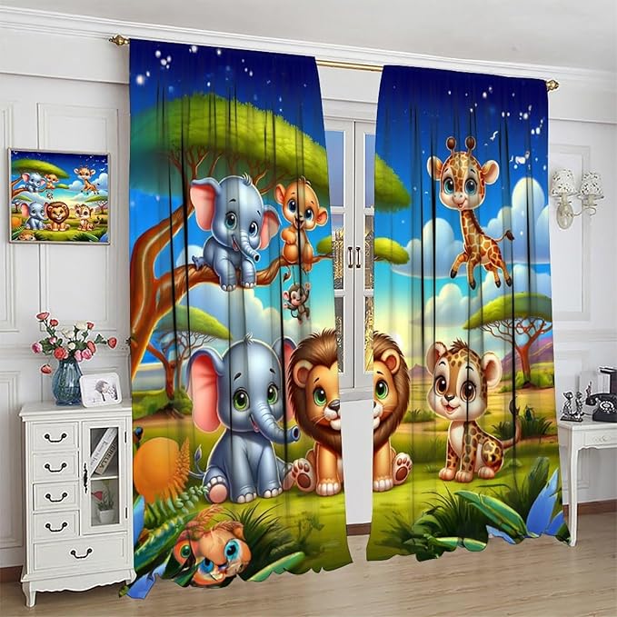 Jungle Safari Window Curtains for Kids Boys Girls Watercolor Cartoon Forest Animals Baby Living Room Bedroom Nursery Toddler Rod Pocket Drapes 52" W X 84" L