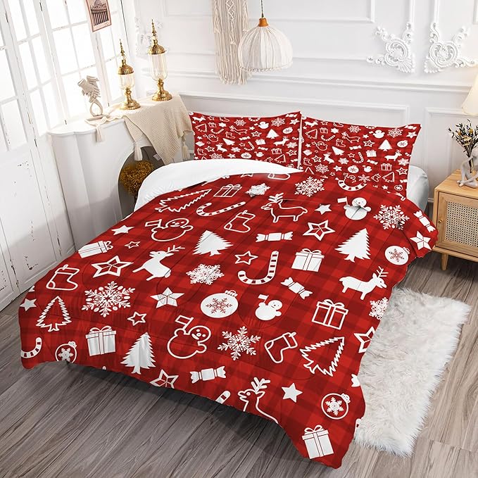 Red Plaid Christmas Comforter: Queen Size Xmas Snowflakes Bedding Sets Snowman Pine Tree Candy Canes Elk Quilt Bed Set 3 Piece for Women Adults Teens Bedroom Festival Decor