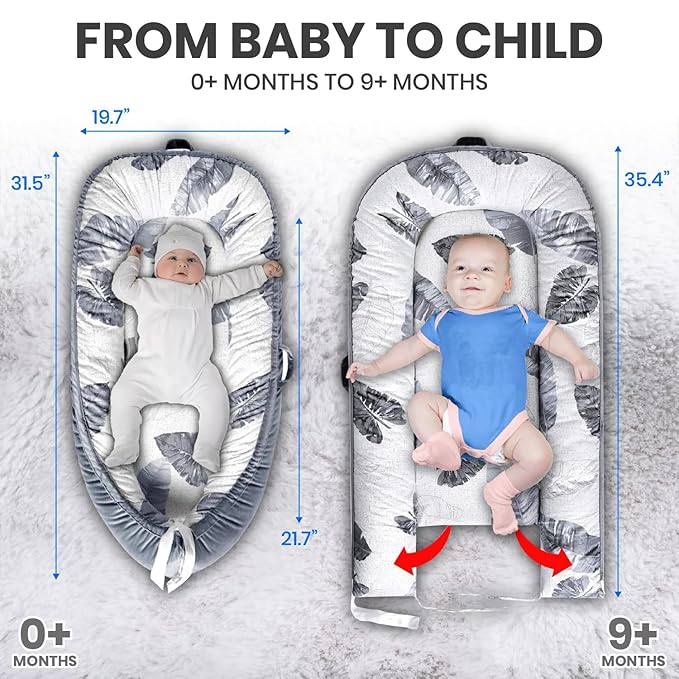 Totsi Baby Lounger with Pillow & Blanket | Ultra-Soft Baby Nest | Machine Washable Infant Lounger 0-24 Months | Adjustable Infant Nest for Travel | Baby Nest for Newborn