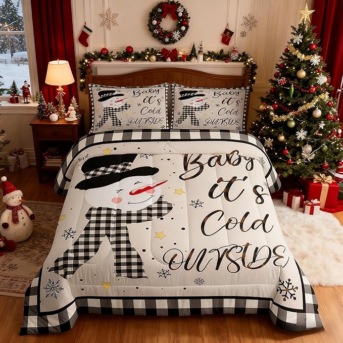 Kids Christmas Snowman Comforter Set Full Size,Snowflake Winter Bedding,Girls Boys Adults Bedroom/Xmas Cabin Decor,Geometric Grids Lattice Down Comforter,Rustic Vintage Duvet Insert,2 Pillowcases