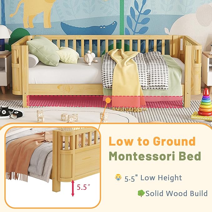 Twin Kids Platform Bed Frame with Rails, Wood Low Montessori Bed with Slats Support, Modern Daybed with Detachable Side Rails, Kids Beds for Boys Girls Bedroom, Natural