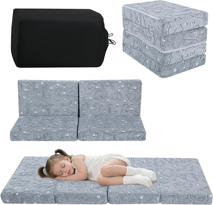 MeMoreCool Foldable Floor Mattress for Kids, Glow Toddler Nap Mat for Sleeping and Daycare, Portable Trifold Futon Mattress Floor Bed, Dinosaur