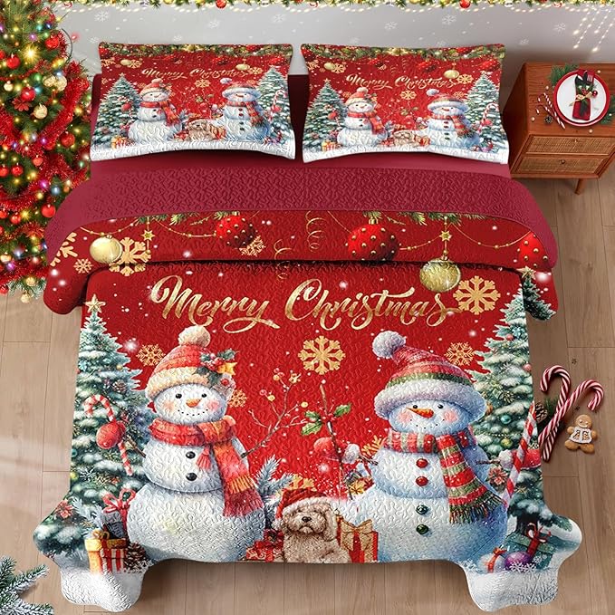 Christmas King Size Quilt Set, Dark Red Xmas Snowman Lightweight Bedspread Coverlet with Pillow Shams for Kids and Adults, Winter Snowflake Pine Tree 3 Pcs Bedding Bed Cover