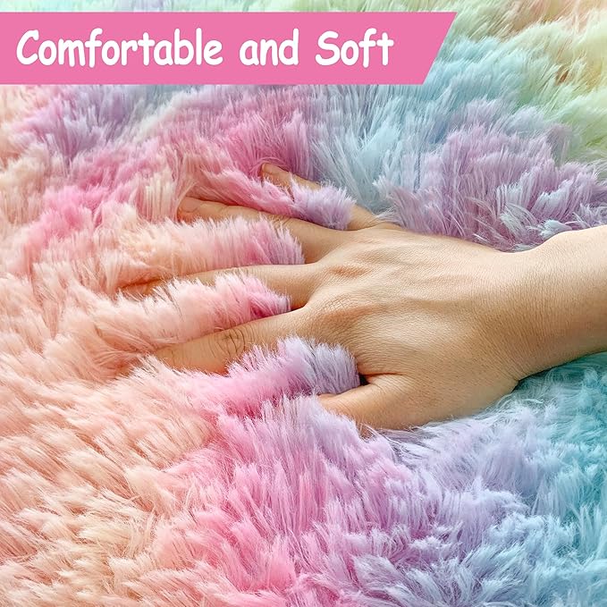 Rainbow Rugs 5x8 Ft Fluffy Plush Area Rugs for Girls Bedroom, Shaggy Rug for Kids Playroom, Kawaii Princess Fuzzy Rugs for Nursery Baby Toddler, Cute Colorful Room Decor for Girls Room