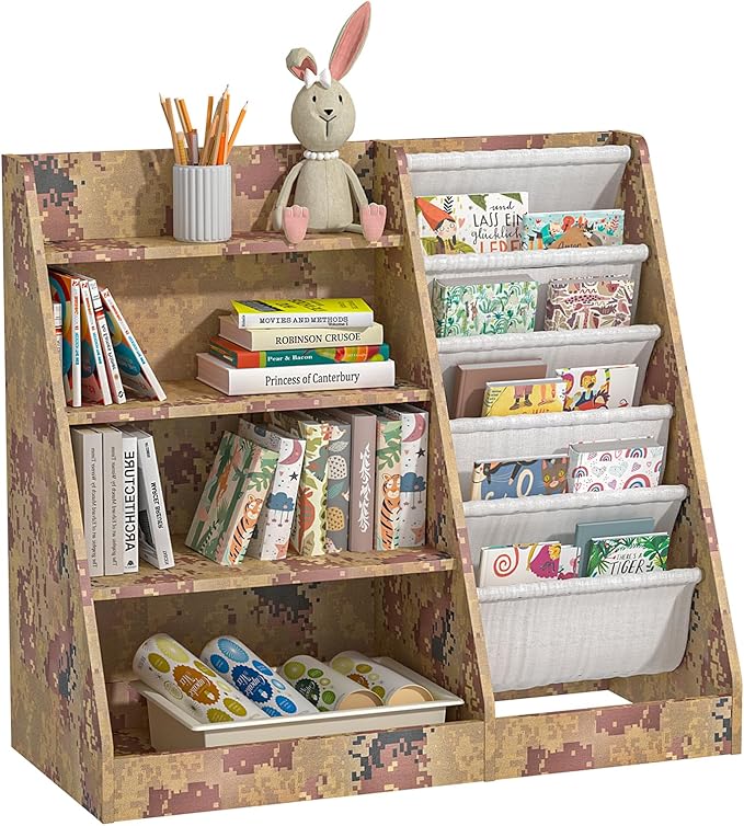 NACHES Kid Bookshelf Toddler Montessori Bookcase, with 5 Sling 4 Tier Shelf, for Bedroom, Living Room, Nursery, Playhouse(Camouflage Color)