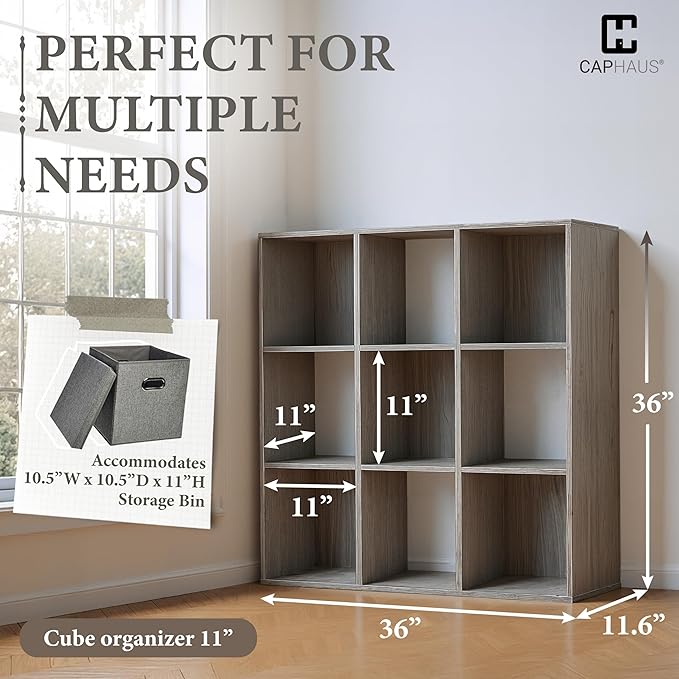 CAPHAUS 11-Inch Cube Storage Organizer Shelf, Home Storage Shelf Divider w/Back, 9-Cube Storage Bookcase, Dark Grey