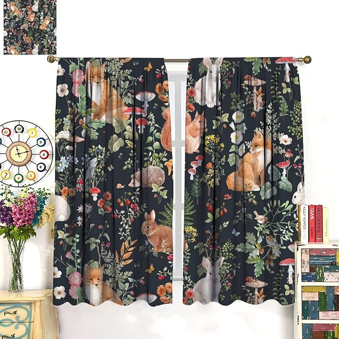Animal Curtains, Watercolor Forest Animals Plants Pattern Blackout Window Treatments, Rod Pocket Thermal Insulated Drapes 2 Panel Sets for Bedroom Living Room, 55" W X 63" L