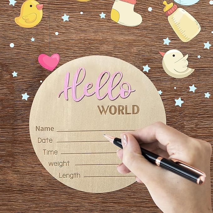 Baby Announcement Sign, 5.9 Inch Wooden Hello World Newborn Signs, Birth Announcement Sign, Baby Shower Hospital Nursery for Newborn Boys and Girls… (Light Pink)