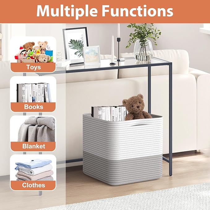Storage Cotton Cube 11 Inch, Woven Cotton Rope Storage Basket for Toys Blanket Organizing, Storage Bin Decorative Organizer with Handles for Living Room Laundry Room Closet (1 Pack, Grey)