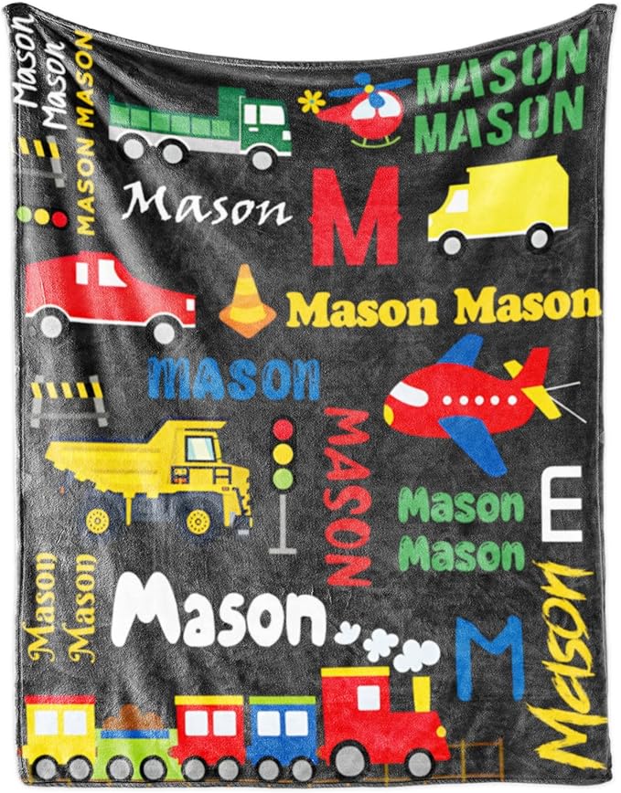 Custom Blanket with Name for Boys, Personalized Name Blanket City Transport, Soft Flannel Blankets Customized Gift for Children Day Birthday Christmas-40 x50