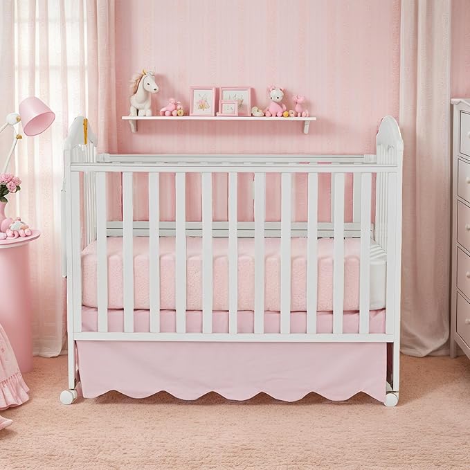Brandream Scallop Edge Cotton Crib Skirt, Baby Boy, Baby Girl, Gender Neutral Crib Skirt Toddler Bedskirt Farmhouse Chic Nursery Crib Bed Skirt, Boho Bohemian Solid Pink