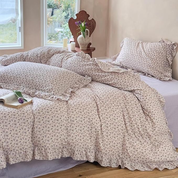 BuLuTu Purple Floral Kids Teens Duvet Cover Full, Cotton Muslin Quilt Cover Chic Cottage Bedding Ruffles Comforter Covers with Zipper Closure, No Pillow Cases, Soft Breathable