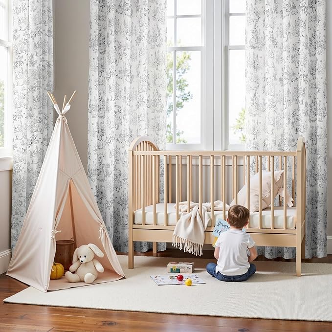 jinchan Linen Nursery Curtains 96 inch Long Woodland Wildlife Grey Print Drapes for Kid's Room Light Filtering French Country Farmhouse Gray Curtains with Bunny and Forest Design Set of 2 Panels